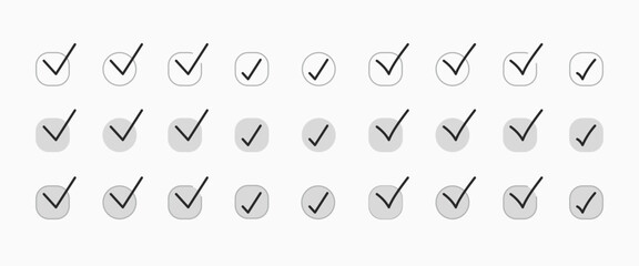 Minimalist check mark checkbox icon set. Modern, unique vector design with clean lines and versatile style for approval, confirm, checklist, UI, business, and web projects.