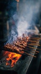 Satay Skewers Grilling Over Hot Coals