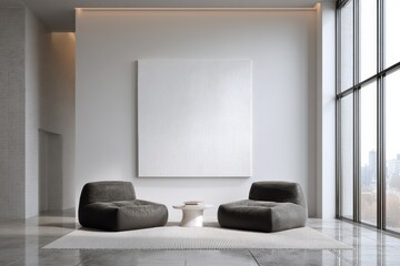 Fototapeta premium Modern minimalist lounge interior with gray chairs, white wall, and large window, ideal for website backgrounds.