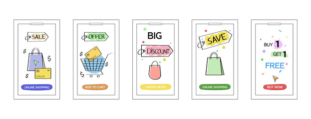 Online shopping promotions for websites and apps. modern designs to promote sales, discounts, and limited-time offers with hand drawn style for UI, UX screens pack