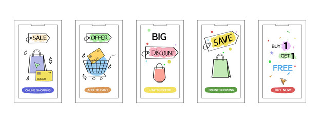 Online shopping promotions for websites and apps. modern designs to promote sales, discounts, and limited-time offers with hand drawn style for UI, UX screens pack
