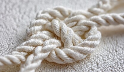 Close-up of an intricately woven, off-white rope forming a knot on a textured surface