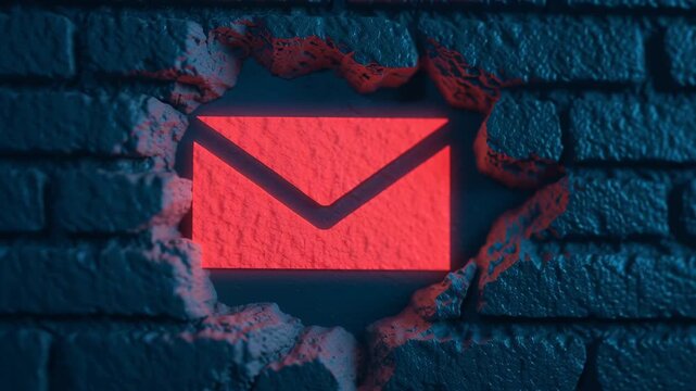 Phishing vulnerability concept with glowing email icon breaking through a wall, symbolizing cyber threat and email security breach