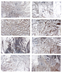 Set collection or collage of shiny metal silver gray foil crumpled texture background