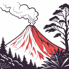 Stylized illustration of a majestic red volcano erupting with smoke billowing into the sky surrounded by dark trees and foliage © Shahin