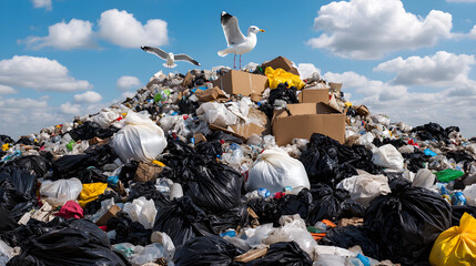 Environmental Crisis Seagulls Scavenging on a Vast Landfill Under a Cloudy Sky, Waste Pollution