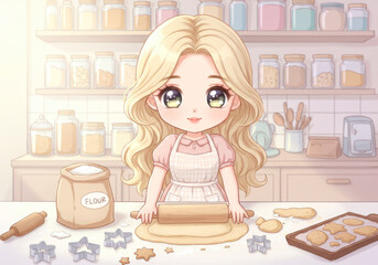 Obraz premium Woman Rolling Dough with Rolling Pin, Cute Kitchen Scene