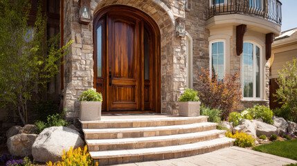 Beautiful stone house entrance with wooden door, surrounded by greenery and colorful flowers, featuring steps leading up to the front door and a sunny sky.