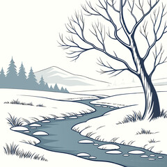 Stylized winter landscape with a winding river flowing through snow covered fields and bare trees