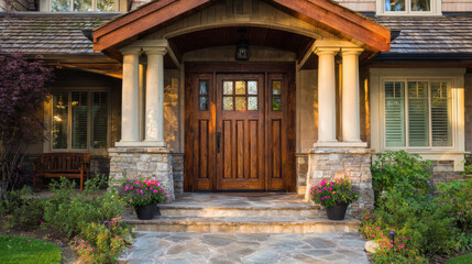 Elegant porch entrance with wooden door and stone accents, featuring flower pots and well-maintained landscaping, creating a welcoming atmosphere at sunset.