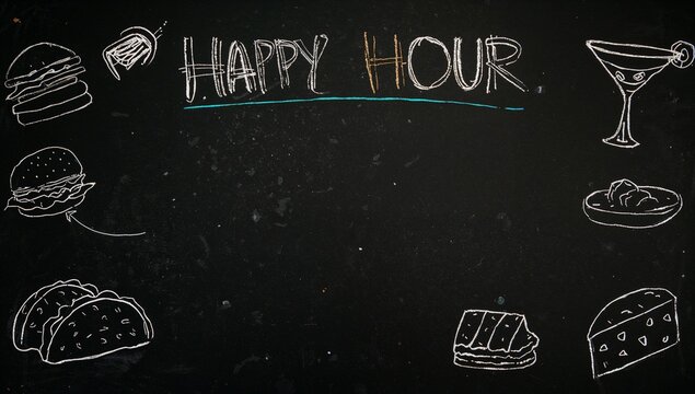 Chalk menu displaying happy hour specials with food illustrations, with copy space