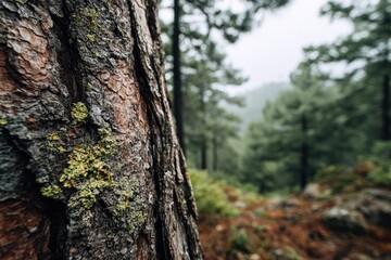 Obraz premium Close-up of a pine tree trunk, moss-covered, with a blurred forest background