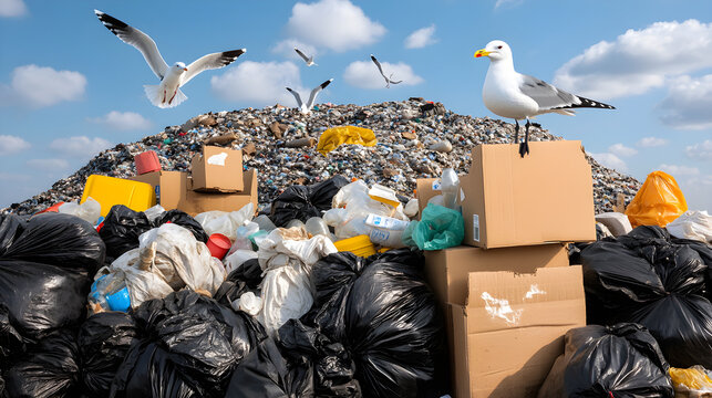 Seagulls Scavenging at Overflowing Landfill Environmental Pollution and Wildlife Interaction