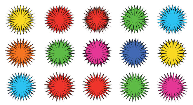 A vibrant collection of colorful abstract sunburst illustrations representing energy and creativity.