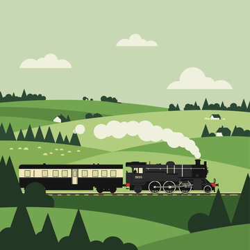 Vintage Steam Train Traveling Through Green Hills Illustration