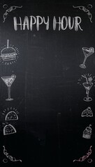 Chalk menu featuring happy hour drinks and food illustrations  