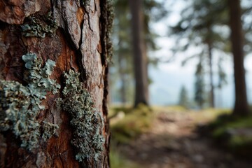 Fototapeta premium Close-up of pine bark with lichen, forest background