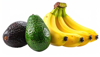 Two avocados, one dark and one light green, sit beside a bunch of five ripe yellow bananas against a white background