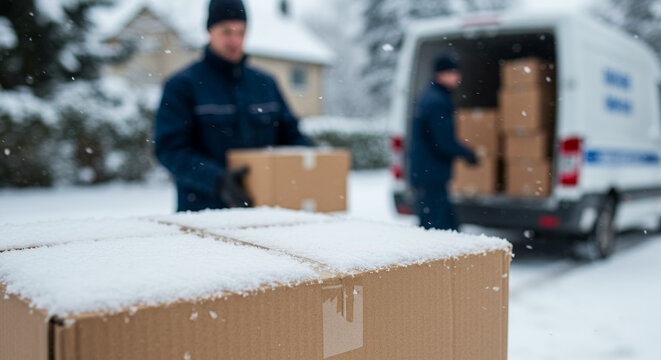 Delivery men unloading packages from van in snowy winter environment