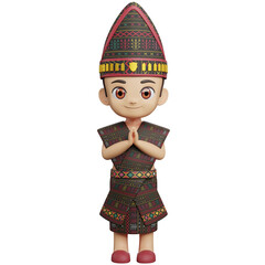 3D of male character in ethnic cultural outfit with black textile and hand gesture, isolated on white background, traditional clothing.
