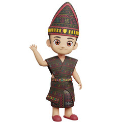 3D of male character wearing ethnic traditional costume with black outfit and tall hat, isolated on white background, cultural heritage clothing.
