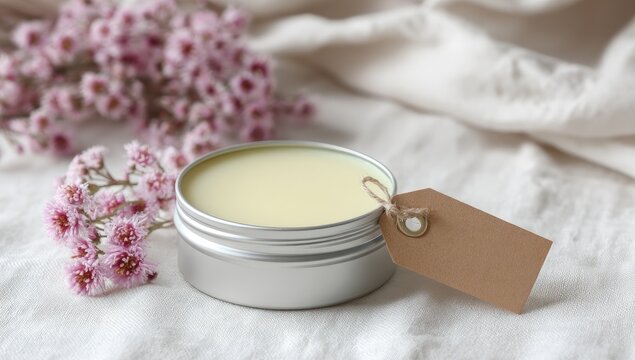 Pale yellow balm in a silver tin sits on cream fabric next to pink flowers; a blank brown tag is attached