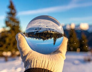 A crystal ball held in a gloved hand, inverting a snowy mountain landscape under a vibrant blue sky