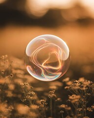 Floating bubble in a field of wildflowers with a soft glow.