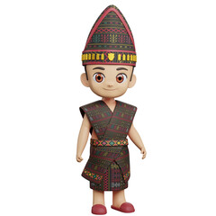 3D of male character in traditional ethnic outfit with hat and raised hand, isolated on white background, cultural clothing design.
