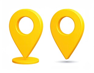 Two 3D rendered bright yellow map location pins; one with a base, one without, against a white background
