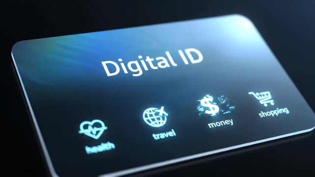 Detailed glowing digital ID card with futuristic interface, representing surveillance and highlighting convenience as well as privacy concerns