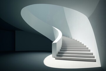 Minimalist staircase with white steps and a curved landing platform.