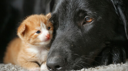 Orange kitten snuggled close to a black Labrador dog resting on a soft surface, warm environment, demonstrating a heartwarming friendship and gentle bond between pets.