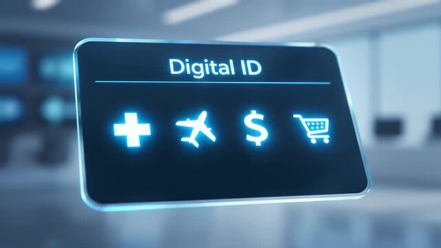Innovative glowing digital ID card with futuristic interface, representing consumer and highlighting convenience as well as privacy concerns