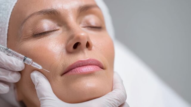 A skilled professional administers an injectable treatment to enhance facial features and promote rejuvenation in a beauty clinic during the afternoon. The patient appears relaxed