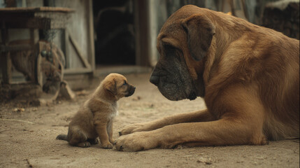 Cute puppy sitting beside large dog in outdoor setting, both interacting peacefully on ground with rustic background and natural lighting.