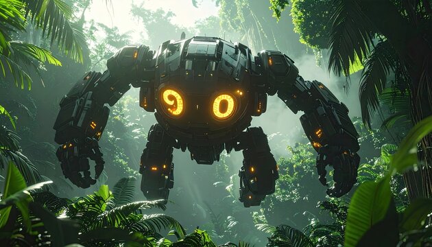 A dark, mechanical creature, numbers 90 illuminated on its chassis, hovers amidst dense, sun-dappled jungle foliage - Powered by Adobe