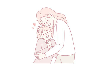 Happy mother hugging small daughter show love and care. Smiling young mom cuddle embrace little girl child. Motherhood and parenthood. Vector illustration.