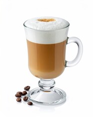 A creamy cappuccino in a clear, footed glass mug with coffee beans scattered nearby, set against a white background