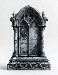 Gothic-style stone window frame, aged, detailed carvings, pointed arch, marble-like texture, isolated on white