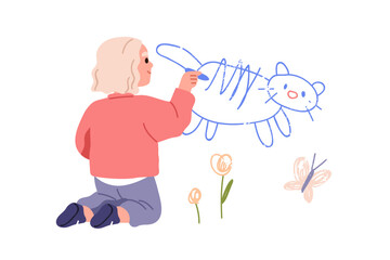 Girl kid drawing on wall with chalk. Cute preschool child painting funny cat, flower, butterfly, doodles, scribble picture, childish sketch. Flat vector illustration isolated on white background