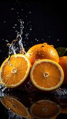 Juicy oranges halved, splashing water, dark background, reflective surface