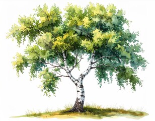 A watercolor painting of a birch tree with light green leaves, a white trunk, and small tufts of grass at its base, set against a white background