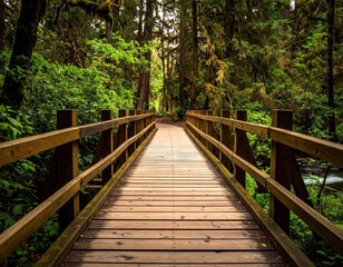 Wooden Footbridge in Lush Green Forest