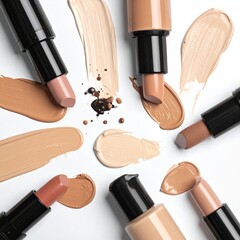 Several lipstick and foundation tubes with swatches of various nude shades displayed on a white background