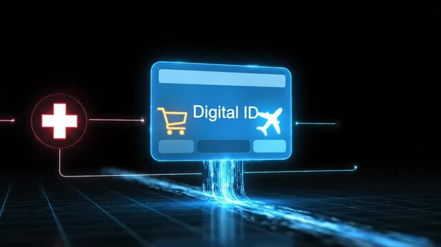 Minimalist glowing digital ID card with futuristic interface, representing banking and highlighting convenience as well as privacy concerns