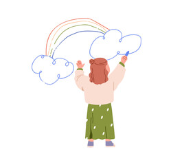 Kid drawing rainbow and clouds. Cute girl with chalk, crayon sketching on wall. Child painting scribble, doodle picture at creative leisure. Flat vector illustration isolated on white background