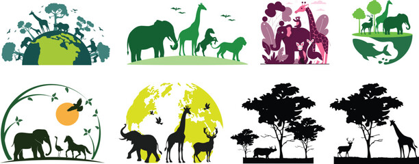 World animal day silhouette vector illustration on white background.Cartoon giraffe, zebra, tiger, and koala with green leaves, World Animal Day 4 October, wildlife conservation and biodiversity .