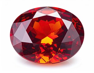 Oval-cut, fiery red gemstone with brilliant facets, showcasing deep red and orange hues against a stark white background