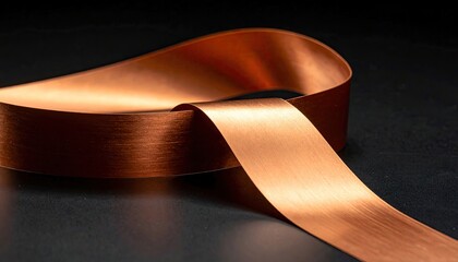 A lustrous bronze ribbon elegantly loops and extends across a dark surface, showcasing its smooth texture and subtle sheen
